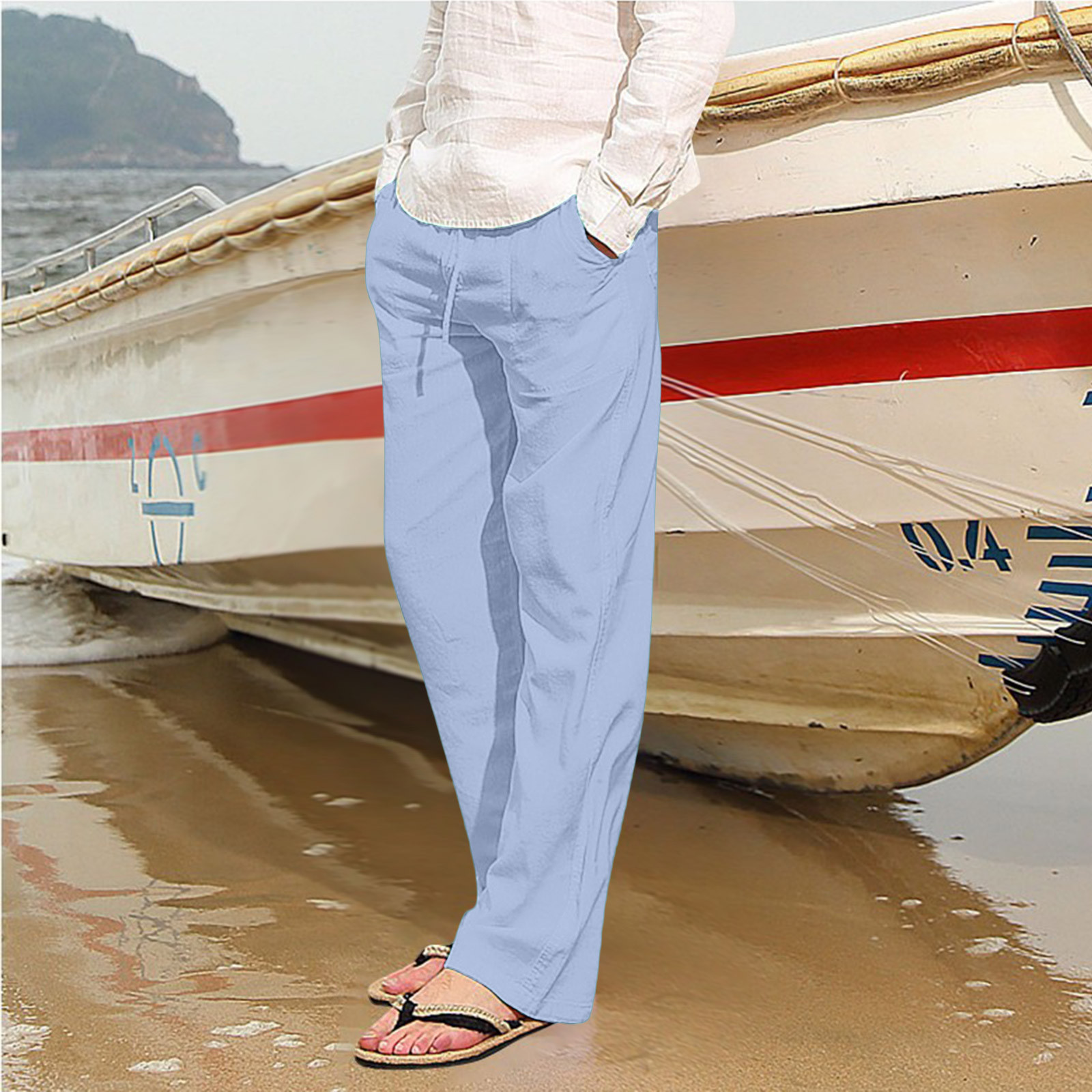 thumbnail image 4 of Pantalones deportivos holgados de hip hop para hombre - Algodón y lino, transpirables - Para todas las estaciones, cuatro bolsillos - Informales/playa/deporte - Tallas del Reino Unido/UE/EE. UU., l, 4 of 6